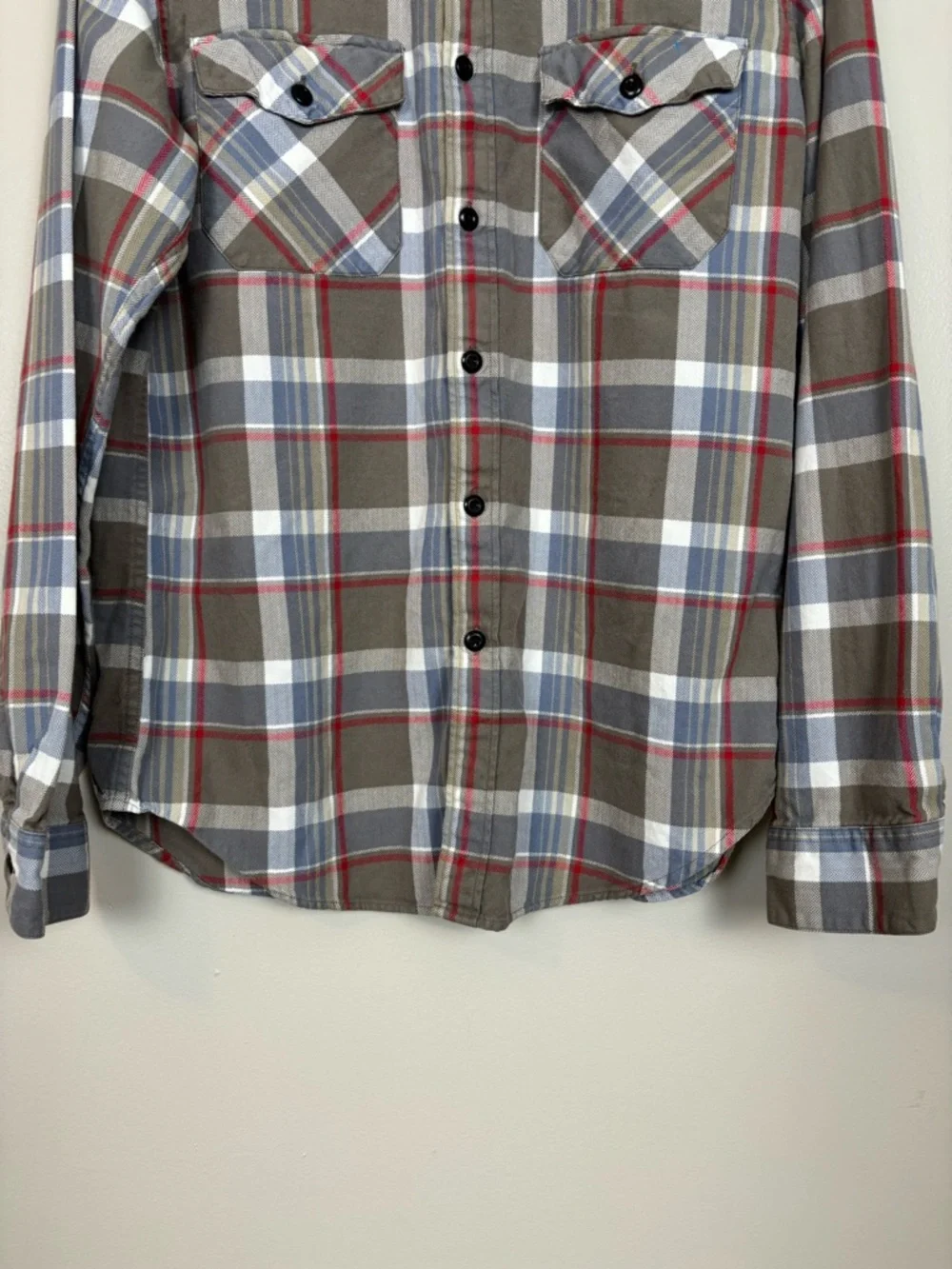 J Crew Shirt Mens Med Wet Gravel Gray Herringbone Plaid Flannel Sporting Button